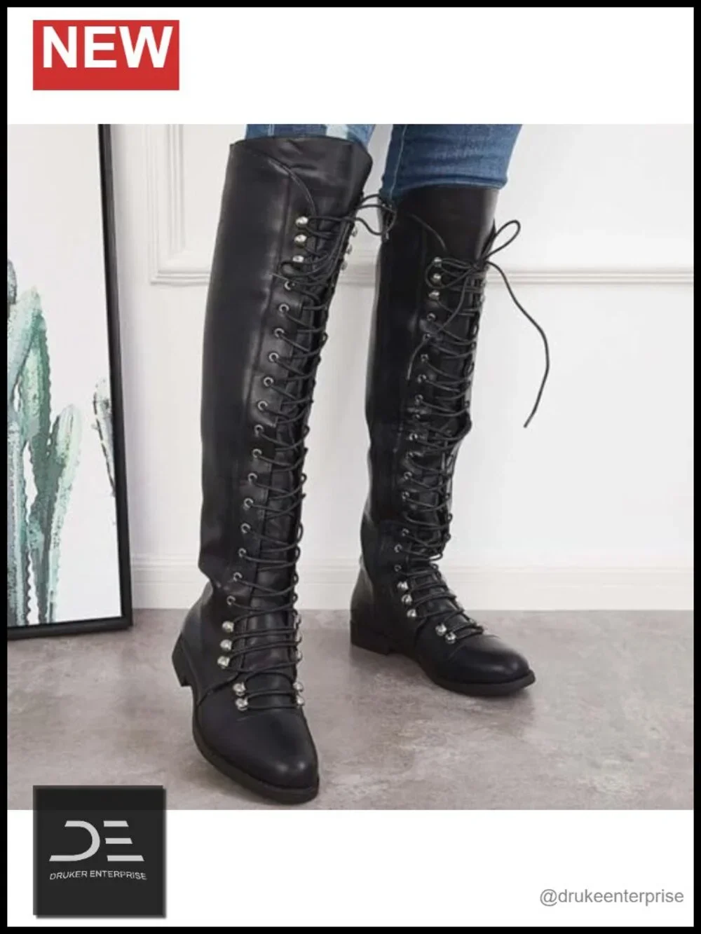 Women's Knee-High Combat Riding Boots PU Leather Lace Up Biker Motorcycle Zip